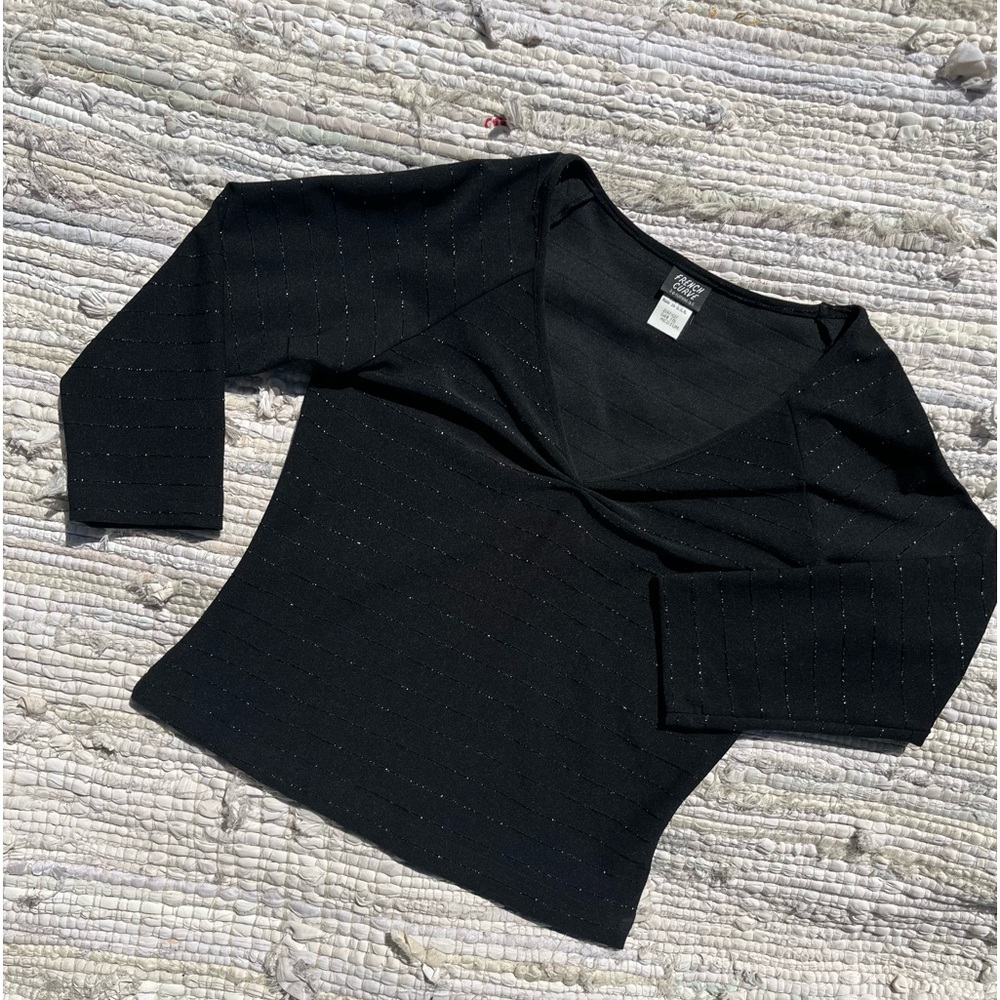 Y2k Glitter Stripped Quarter Sleeve V-neck Top